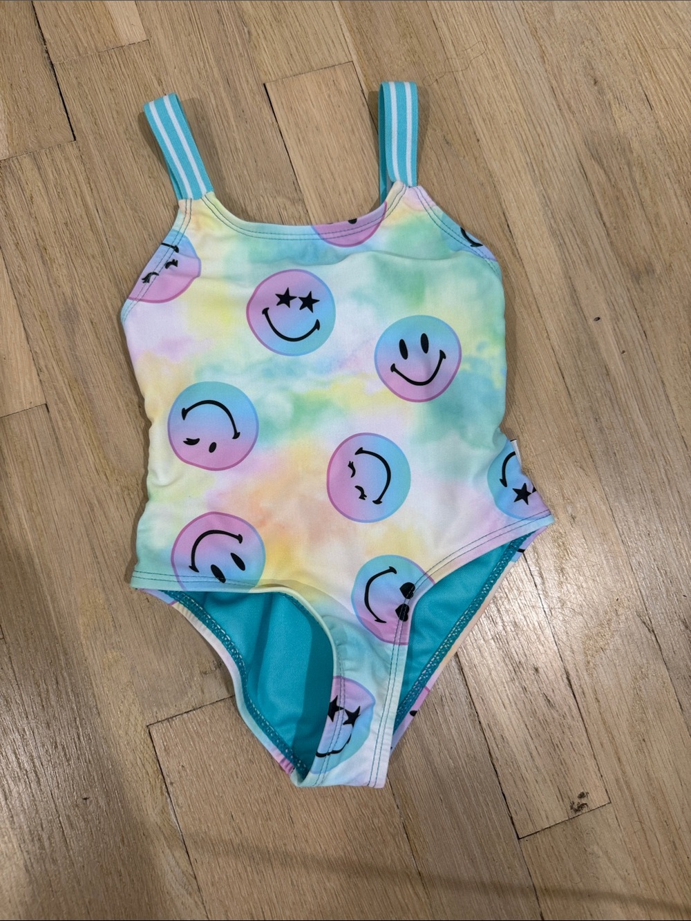 Limeapple Pastel Tie-Dye Smiley One-Piece Swimsuit with Teal Straps
